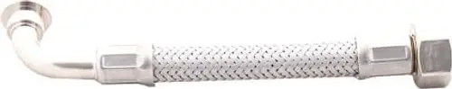 Schlauch mit gebogener Metallverbindung und flexiblem Gewebe, passend für Druckausdehnungsgefäße von Wolf, zur Sicherstellung der Druckstabilität in Heizsystemen.